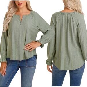 Frye size S Textured Peasant Boho Long Blouson Sleeve Blouse - olive green